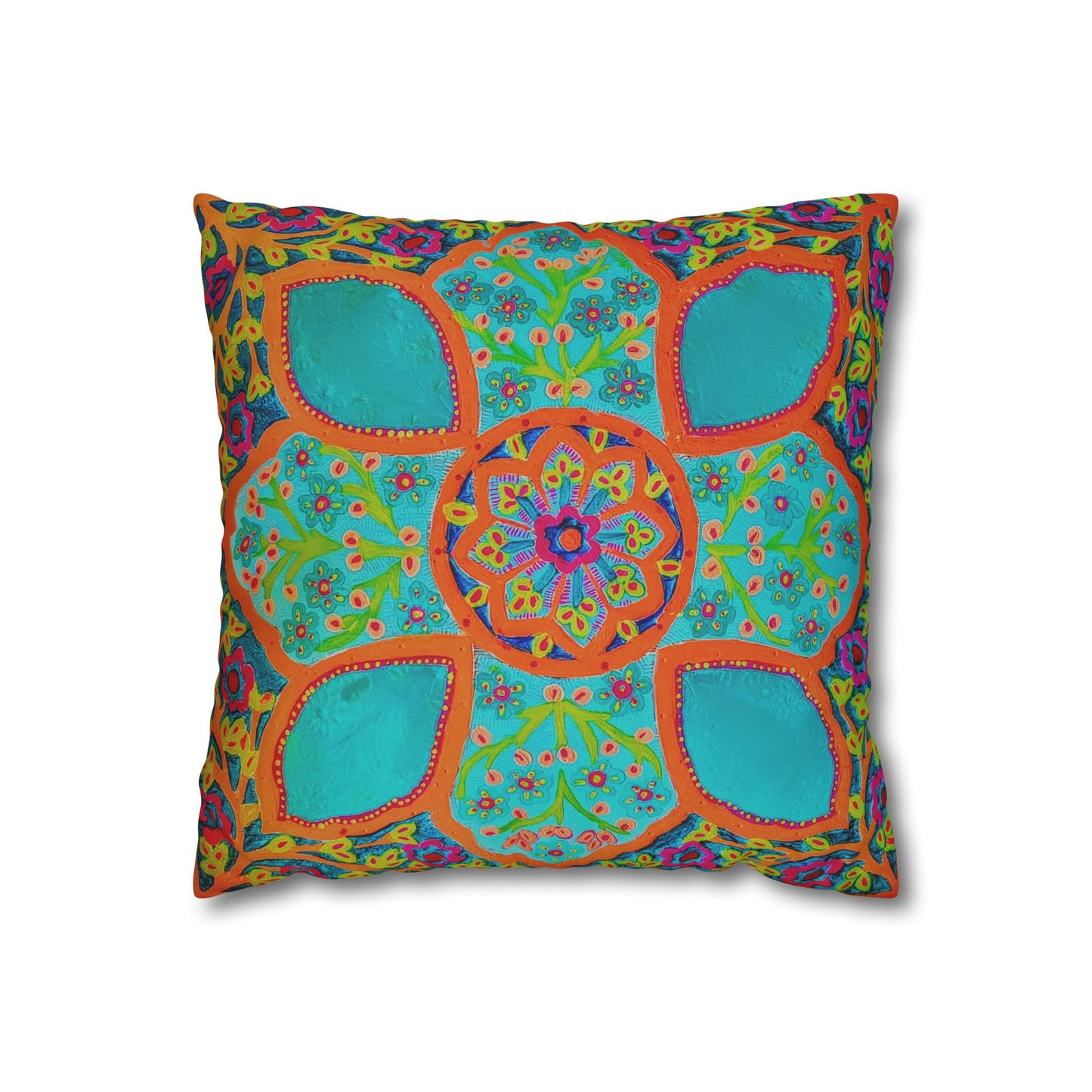 Boho Turquoise Mandala Pillowcase – Vibrant Square Accent Pillow Cover