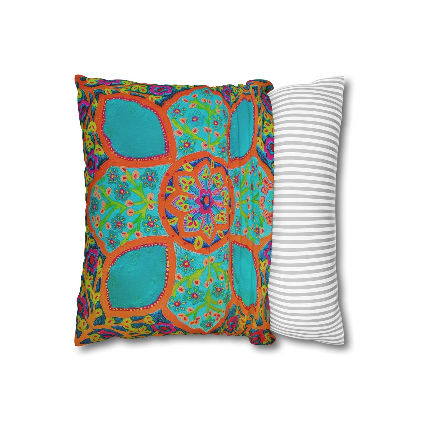Boho Turquoise Mandala Pillowcase – Vibrant Square Accent Pillow Cover
